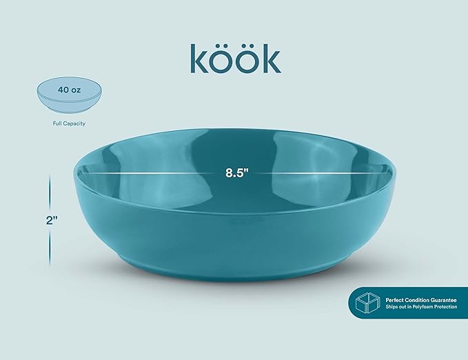KooK Pasta Bowl, Salad Bowls, Soup, Serving Bowls, Ceramic, Large Capacity, Microwave & Dishwasher Safe, Set of 4, 40 Oz,(Ocean Blue)