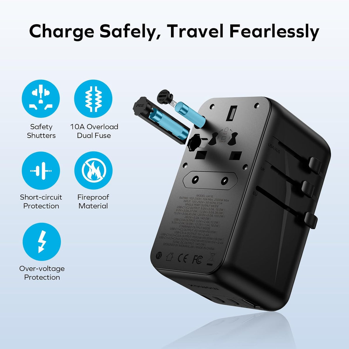 MOMAX 140W Universal Travel Adapter, GaN Technology, EU/UK/AUS/US/JP Worldwide, Fast Charging for iPhone, MacBook pro, Vision Pro, Charging Cable Included