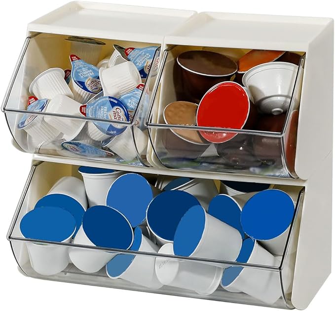 3 Pack Coffee Pod Basket for Kitchen Counter, Plastic Storage Organizer Box for Office Desk, Large Tea Bags Holder ( Cream / Clear )