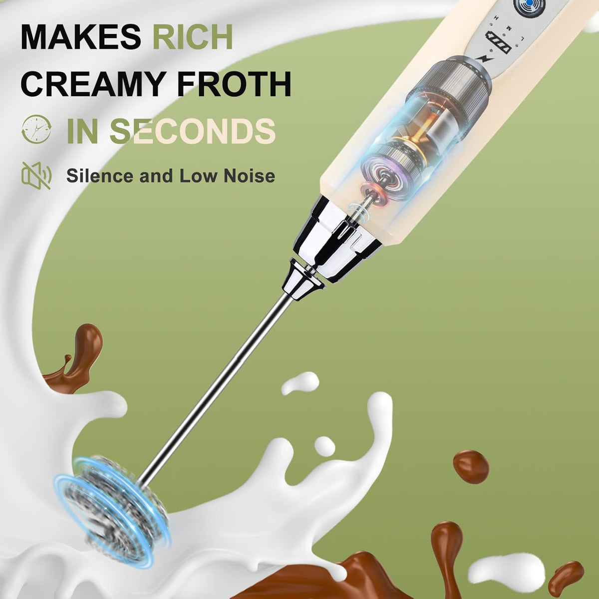 YUSWKO Beige Handheld Milk Frother Wand for Coffee, Rechargeable Electric Whisk with 3 Heads 3 Speeds Drink Mixer Coffee Frother For Latte, Cappuccino, Hot Chocolate, Egg