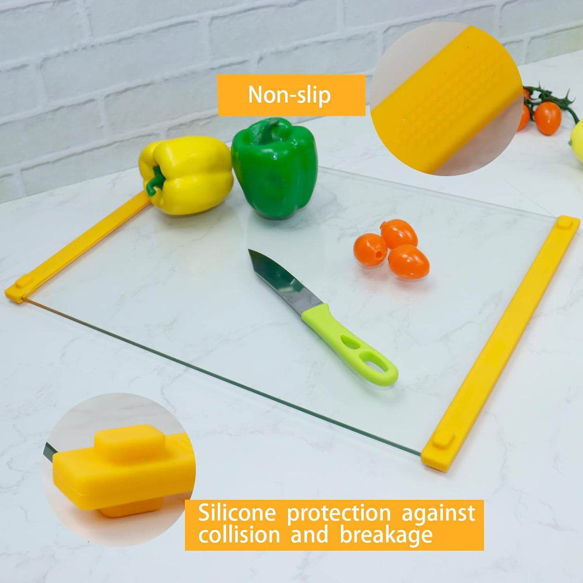 Small Tempered Glass Cutting Board for Kitchen with Rubber Handle Dishwasher-Safe Cutting Board Non Anti slip Easy to Grip, Easy to Clean-Cheese Board,Serving Tray,Hot Pot Mat(Yellow-12*8")