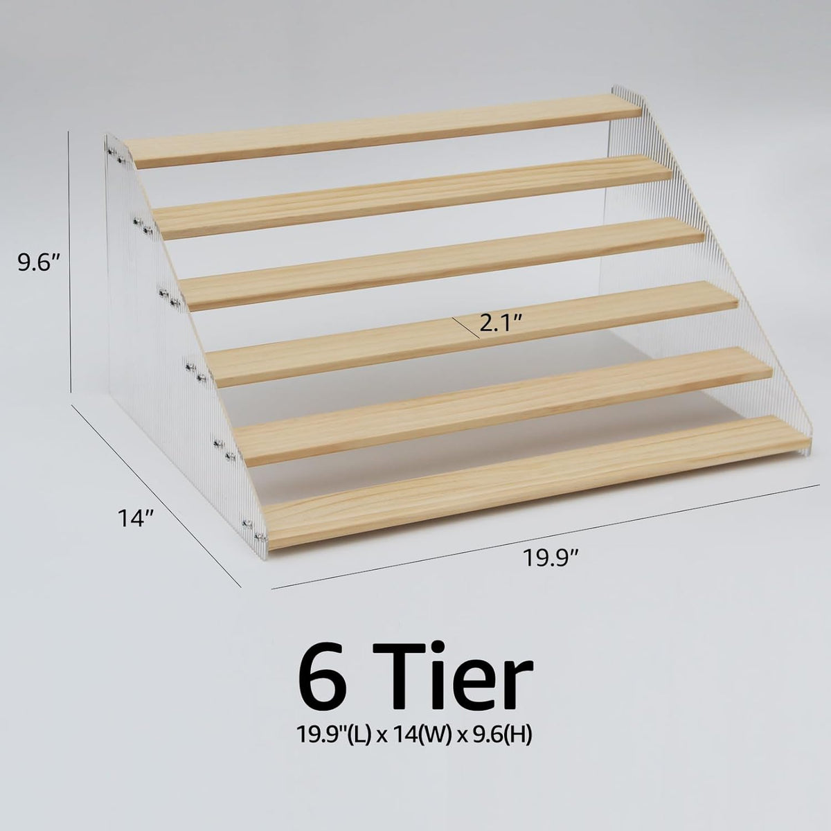 nianfeng Tiered Spice Rack, 6-Tier Spice Pantry Kitchen Cabinet Organizer, 19.9-Inch, Natural Wood Acrylic Stair Riser Stand, Countertop Seasoning Shelf