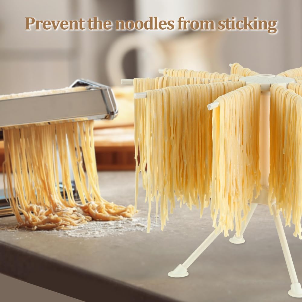 Ourokhome Collapsible Pasta Drying Rack, Plastic Foldable Homemade Fresh Spaghetti Stand Dryer Noodle Hanger for Kitchen with 10 Arms, Stable, Easy Storage, Quickly Set Up (White)
