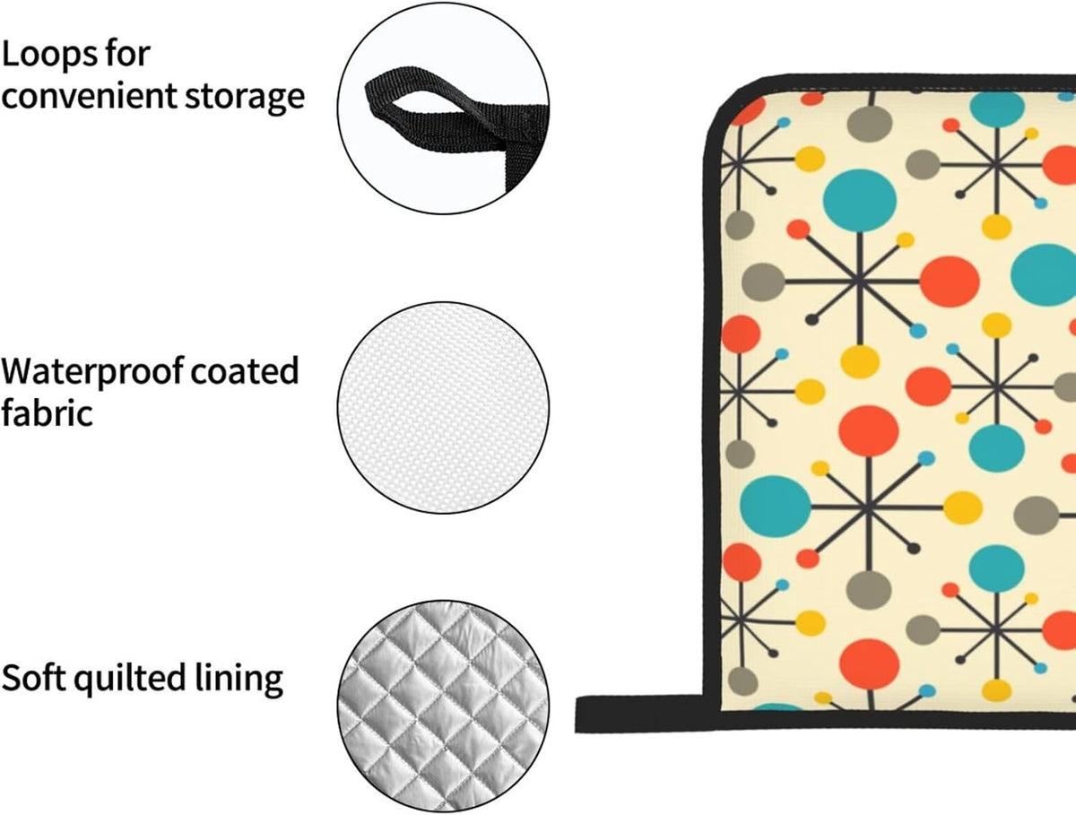 Mid Century Fifties Modern Atomic Retro Colors Oven Mitts and Pot Holders Sets of 4 High Heat Resistant Oven Mitts with Oven Gloves and Hot Pads Polyester Potholders for Kitchen Cooking Mitts