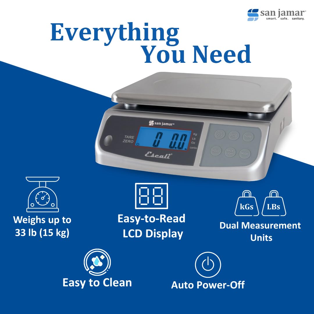 San Jamar Escali Promzr M-Series Digital Scale with Display Hold for Kitchens and Restaurants, Metal, 33 Pound, Silver
