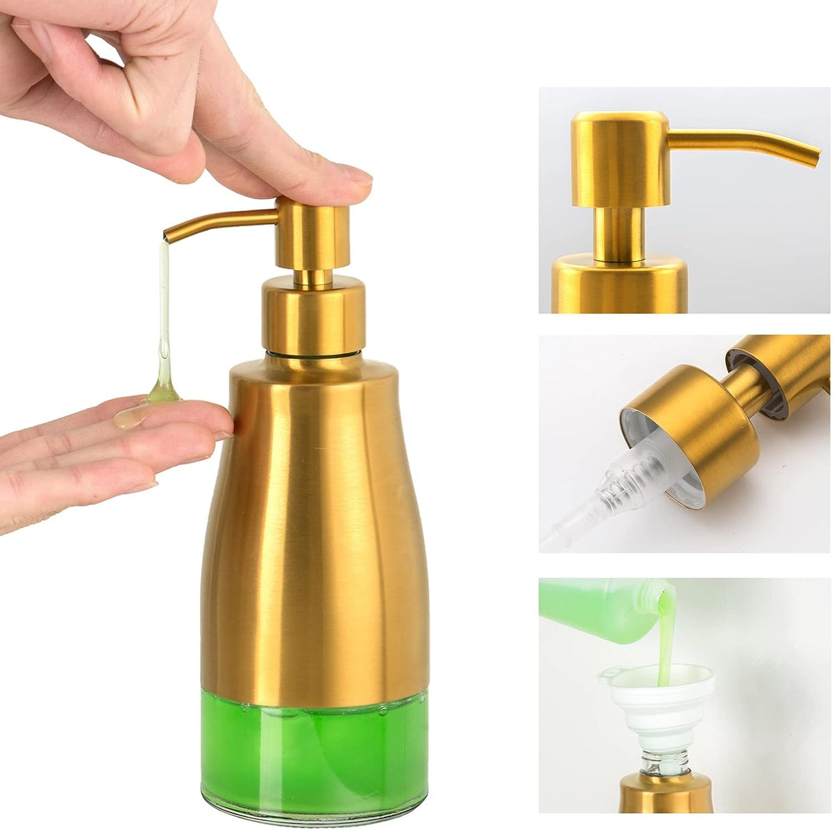 Soap Dispenser with Coaster and Stickers, Brushed Gold Stainless Steel Glass Hand Pump Dispenser, Anti Rust Bottle, for Kitchen & Bathroom Detergent Bottle,Refillable Hand Liquid Dispenser