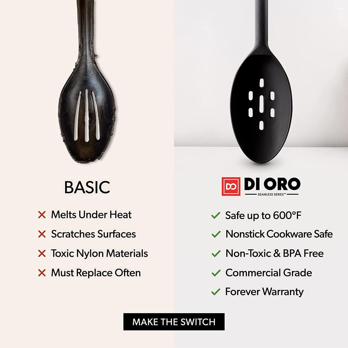 DI ORO Silicone Spoons for Cooking - Large Kitchen Spoons for Mixing, Serving, & Stirring - 600°F Heat-Resistant Non Stick Utensils – Big Solid & Slotted - Dishwasher Safe (2pc, Black)