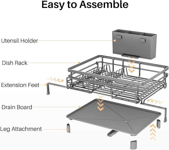 SNTD Dish Drying Rack - Extendable Dish Rack, Large Sink Drying Dish Drainer for Kitchen Counter, Stainless Steel Dish Strainer with Utensil Holder (Grey)