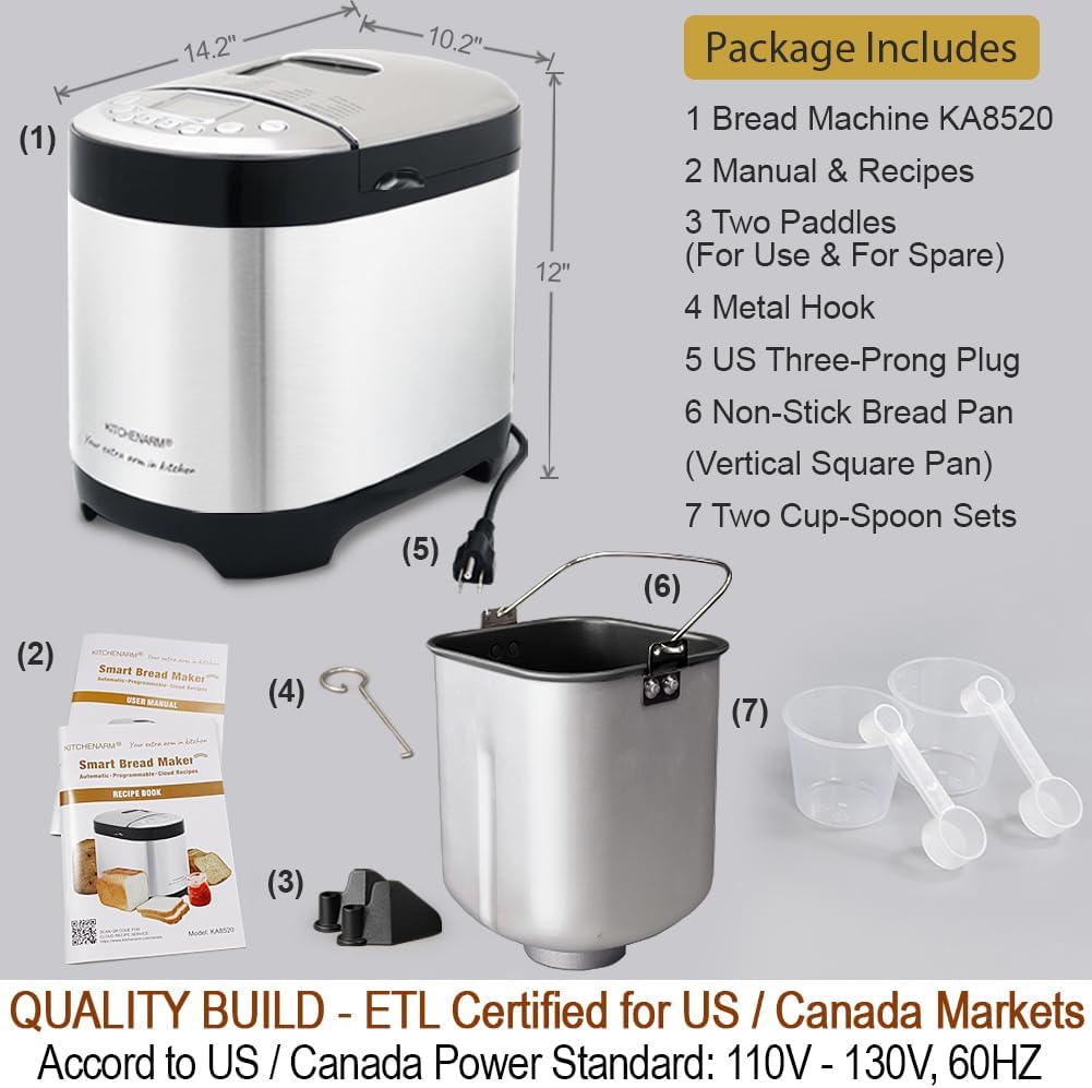 KITCHENARM 29-in-1 SMART Bread Machine with Gluten Free Setting 2LB 1.5LB 1LB Bread Maker Machine with Homemade Cycle - Stainless Steel Breadmaker with Recipes Whole Wheat Bread Making Machine