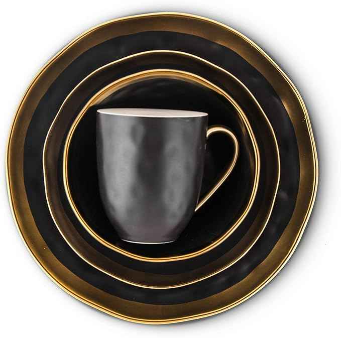 Stone Lain Florian Modern Porcelain 16 Piece Dinnerware Set, Plates and Bowls Set, Dish set for 4, Black And Golden Rim