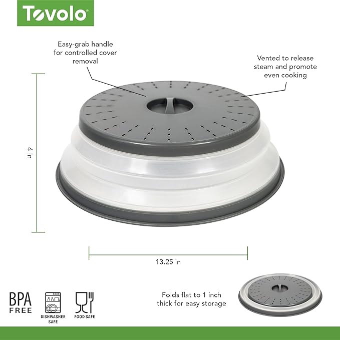 Tovolo Microwave Splatter Cover for Food, Large (Charcoal) - Collapsible & Vented Silicone Splatter Guard Lid - Microwave Plate & Dish Cover with Handle - BPA-Free Kitchen Gadget for Meal Prep