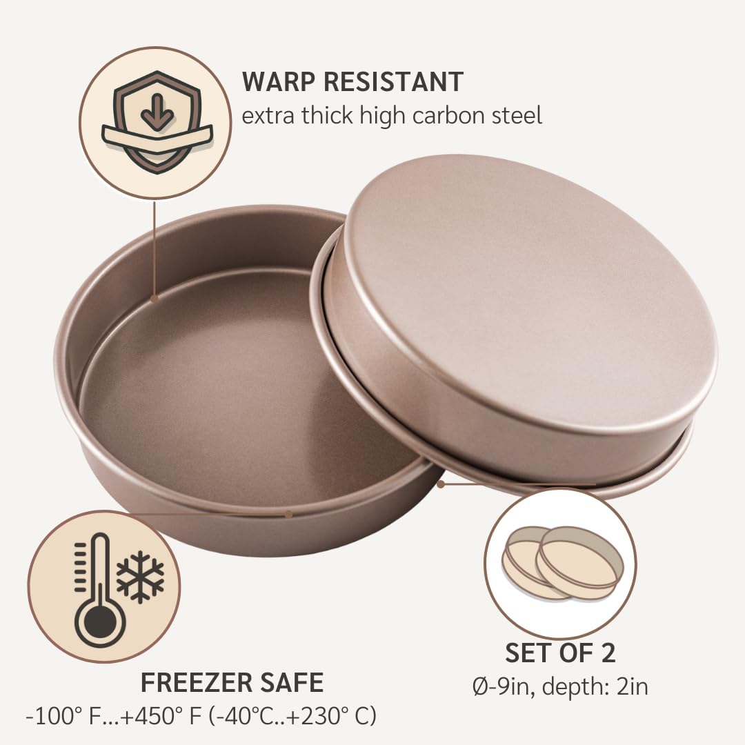 Non Toxic Nonstick 9 inch Round Cake Pans Set of 2 | Quality Non Stick 9 inches Layer Circle Cake Pan 2 inches Deep | Best 9in Baking Pan PFOA, BPA free Nontoxic | 9inch 9inches Cake Pans Set
