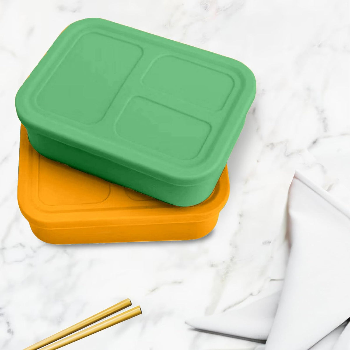 Platinum Silicone Bento Lunch Box Set of 2 – 3 Compartments, Leakproof, Versatile, Durable, Microwave & Freezer Safe, Meal Prep, Food Storage for All Ages (Watermelon Green & Gold Honey)