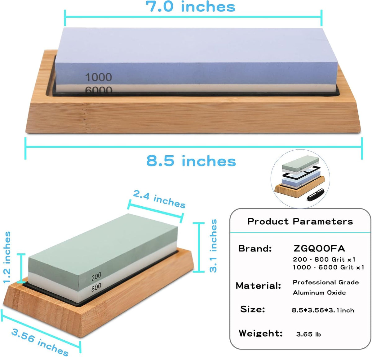 Whetstone Knife Sharpening Stone Kit: Double Straight Chef Sharpener Set - 200/800 1000/6000 Coarse Fine Grit kitchen Professional 2 Sided Honing Wet Stones Slip-Resistant Bamboo Base and Angle Guide