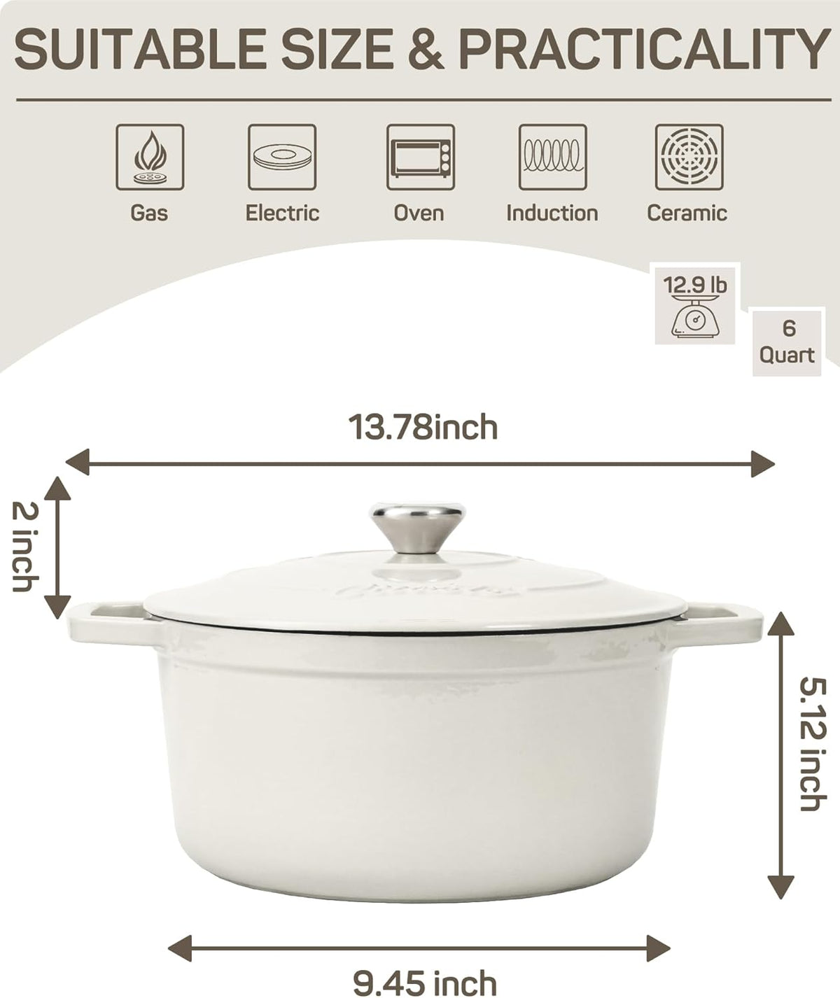 6 QT Dutch Oven Pot with Lid, Enameled Cast Iron Dutch Oven for Bread Making, Braiser, Cooking, Dual Handles, Oven Safe up to 500° F or on Stovetop, Gifts for Family - Off White
