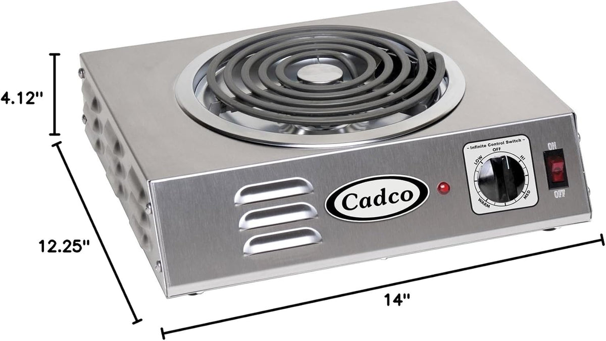 Cadco CSR-3T 14" Electric Portable Countertop Hi-Power Hot Plate w/One Tubular Burner for Restaurant Hotel Food Truck Concession Kiosk, Stainless Steel, 120v
