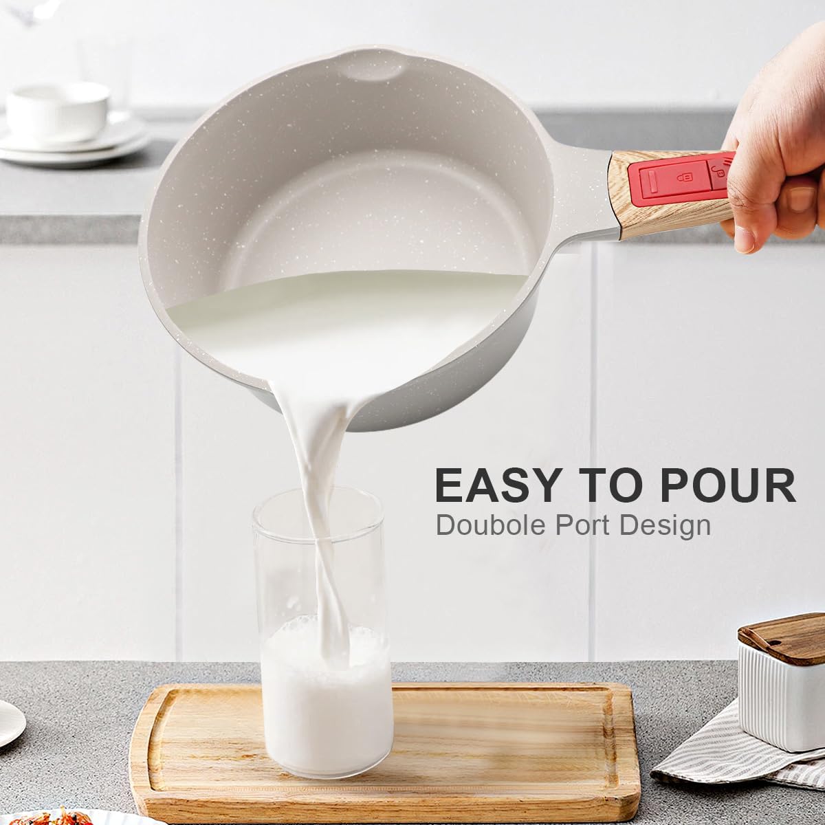 2.3 Quart Nonstick Saucepan with Lid, Small Sauce Pan for Cooking Milk Pot with Detachable Handle, Compatible for All Stoves, Oven Safe (White)