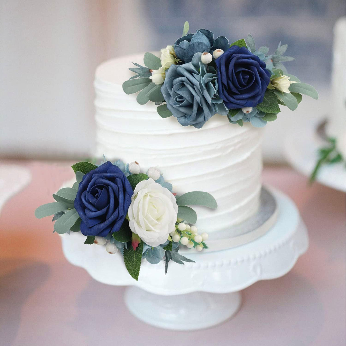 Rinlong 3Pcs Pre-made Cake Toppers Navy Blue Flowers Cake Decorations Wedding Cake Decorating Flowers Decor Birthday Baptism Party Cake Toppers