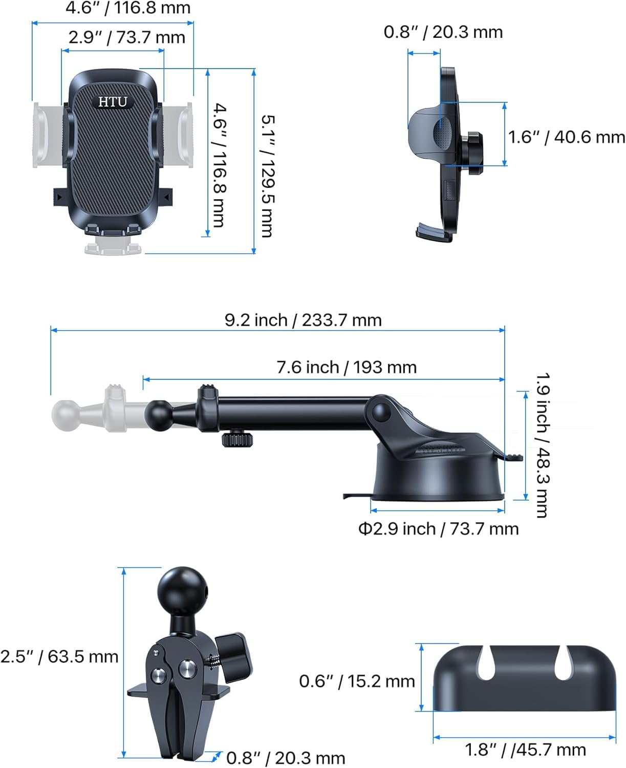 HTU Car Phone Holderγ2026 Upgraded 100+LBS Suction & Safety Certγ Cell Phone Car Mount for Truck Heavy Duty Phone Holder for Dashboard/Windshield/Vent for iPhone 17 16 Pro Max, Dark Black