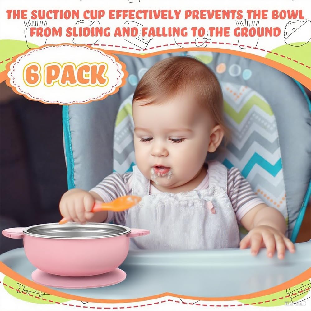 6 Pack Stainless Steel Bowls,suction two-in-one, BPA-free detachable silicone sleeve, anti-slip, heat-resistant, unbreakable, dishwasher safe, suitable for fruits, vegetables and rice