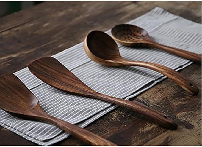 Wooden Spoons for Cooking, 4 Pcs Wooden Natural Teak Wood Spatulas Spoon, Nonstick Kitchen Utensil Set