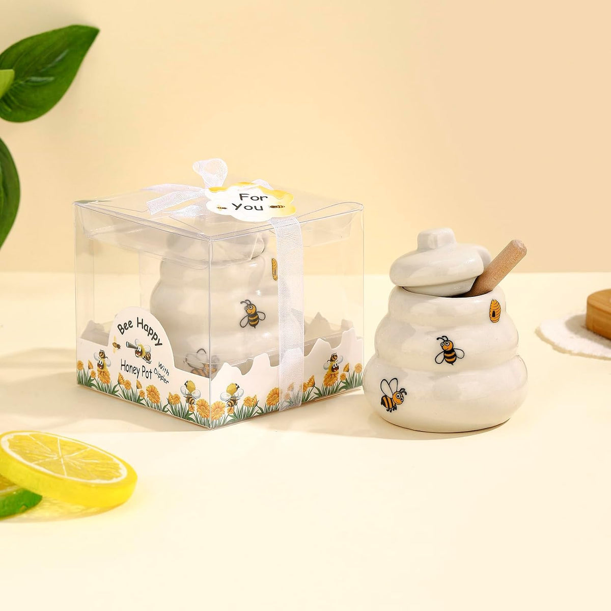 12 Sets Ceramic Bee-Happy Honey Pot with Dipper,Honey Jar Serving Set with Exquisiting Package for Wedding Favor,Bridal Shower Favor, Baby Shower Favor,Party Favor (12)