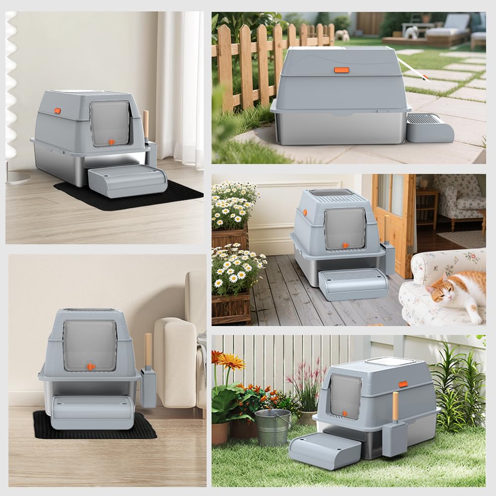 SZEE XL Stainless Steel Litter Box with Lid, Grey