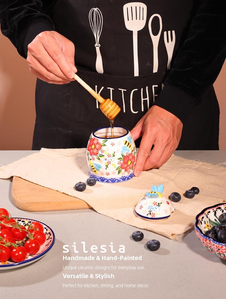 silesia Handmade Honey Jar with Lid, 10 Ounce Ceramic Hand-Painted Honey Containers with Wooden Dipper, Honey Pot Set for Home and Kitchen in Gift Box, Dishwasher Safe, Flowers Red