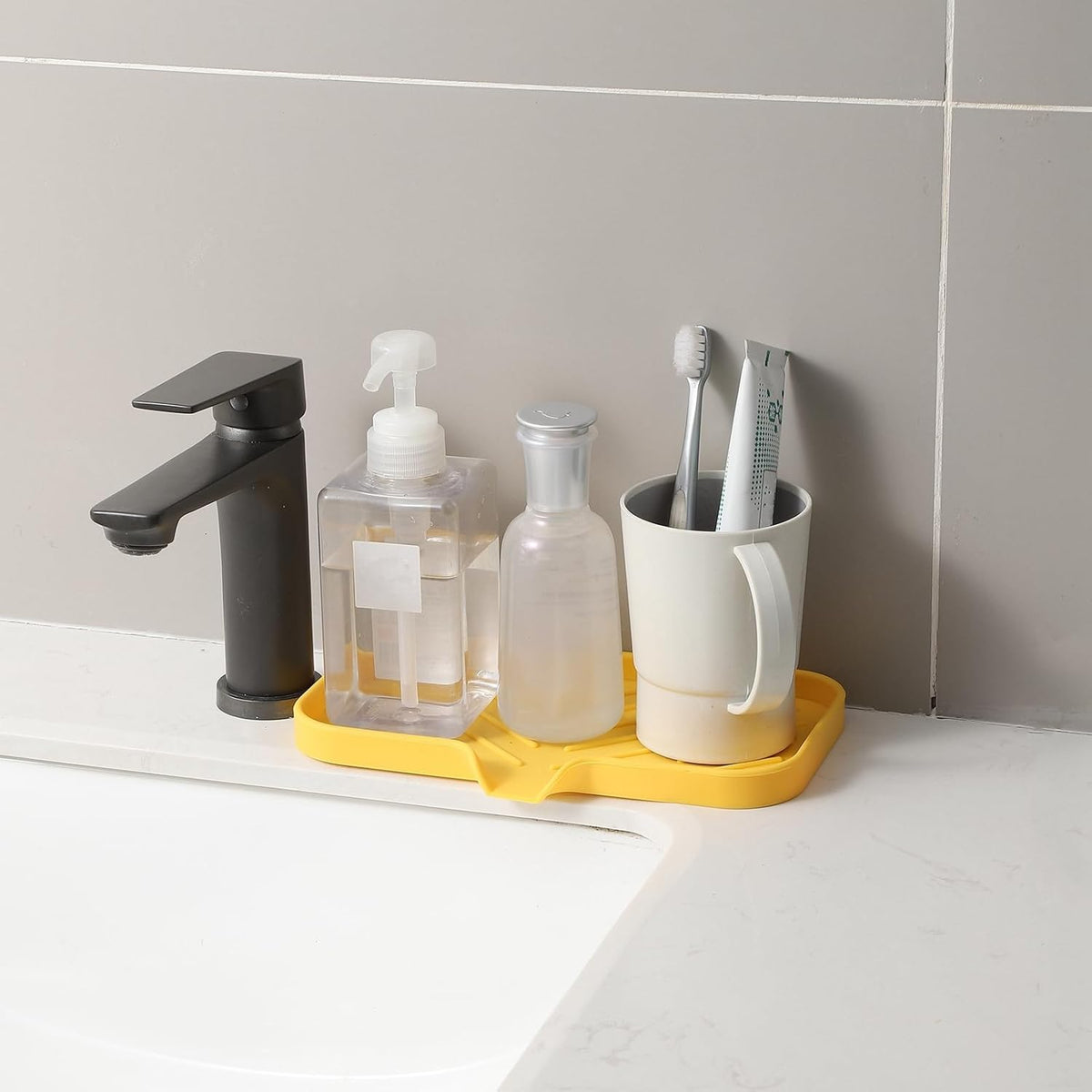 Silicone Bathroom Soap Dishes with Drain Spout-Bathroom and Kitchen Sink Organizer,Sponge Holder,Dish Soap Tray,Perfect for Dispenser,Scrubber,Bottle,Cup on Sink or Counter-Yellow 9.6"×5.3"
