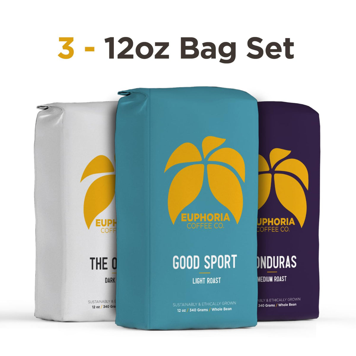 EUPHORIA COFFEE CO. Whole Bean Variety Pack with Good Sport Light Roast, Honduras Medium Roast, and The Office Dark Roast | 12oz Bag (3 Pack)