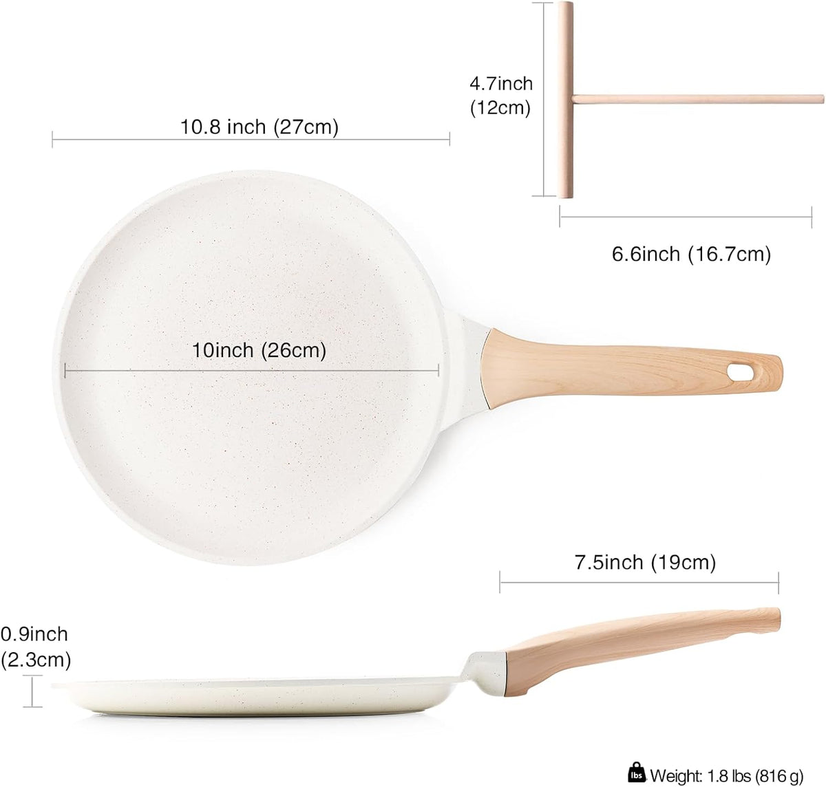 Crepe Pan Nonstick, 10 Inch Healthy Coating Comales para Tortillas Dosa Pan with Spreader, Induction Compatible, PFOA Free (White)