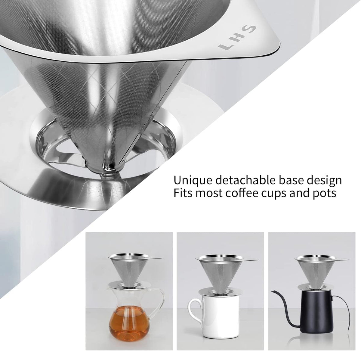 LHS Pour Over Coffee Dripper Reusable Coffee Filter Paperless Coffee Filter Stainless Steel Pour Over Coffee Maker Cone Coffee Dripper for 1-2 Cup,Argyle Pattern