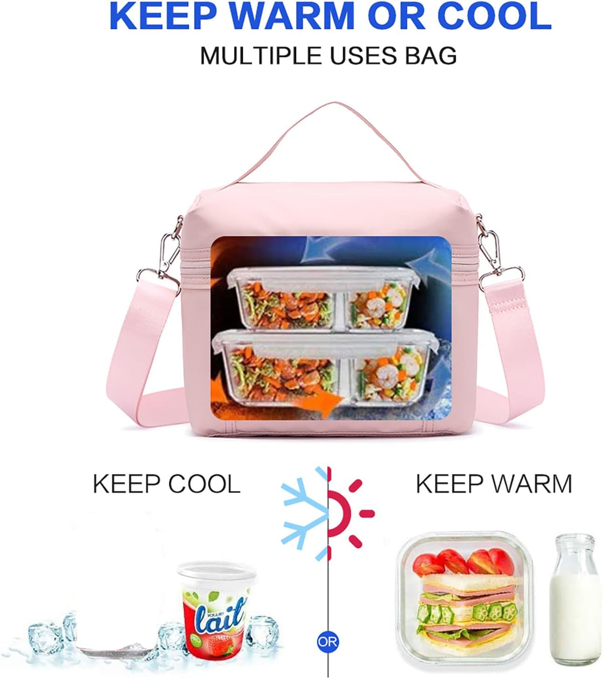 NOL Natural Organic Lifestyle Insulated Lunch Bags for Women Cooler Bag Lightweight Nylon Waterproof Lunch Box For Work (Medium, Pink)