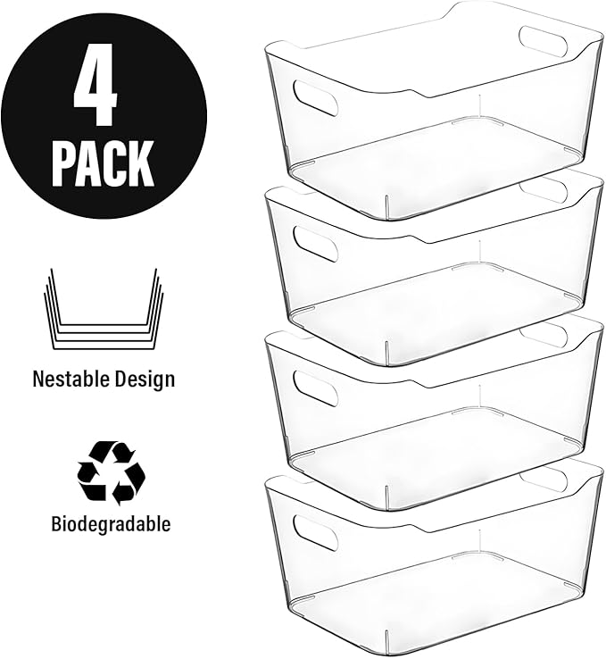 Clear Plastic Storage Bins, Perfect for Kitchen Organization or Pantry Organizers and Storage, Refrigerator Freezer Fridge Organizer Storage Containers Bin for Organizing Medicine Cabinet Organizer