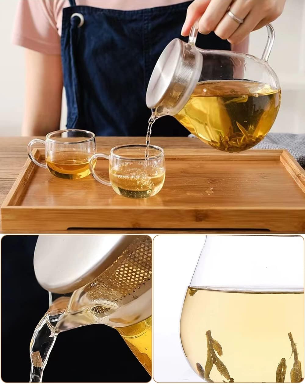 IwaiLoft Glass Teapot with Removable Stainless Steel Filter Lid Stovetop & Microwave Safe Borosilicate Glass Kettle for Loose Leaf, Blooming Tea And Coffee Sharing (24OZ)