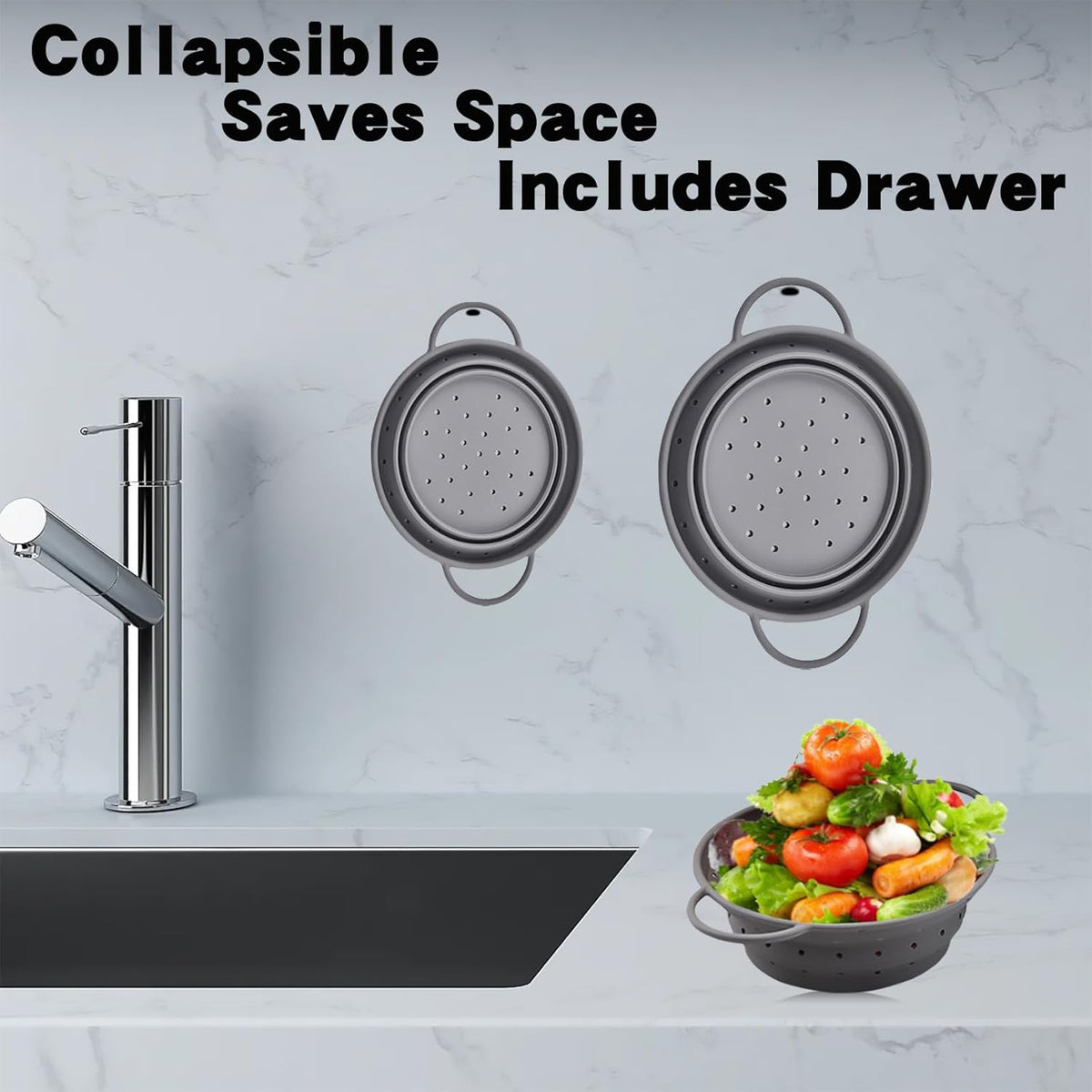 Collapsible Colander with Handle, Silicone Kitchen Colander for Easy Storage,Four-side Fast Draining Silicone Draining Basket, Perfect for Fruits Vegetables (Gray L)