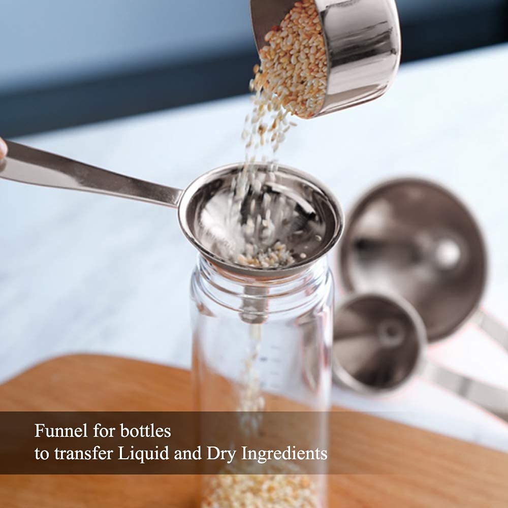 3 in 1 Metal Funnels for Filling Bottles Stainless Steel Small Kitchen Funnel Set for Transferring Essential Oils Liquid Fluid Spice Dry Ingredients Powder, Durable and Dishwash Safe