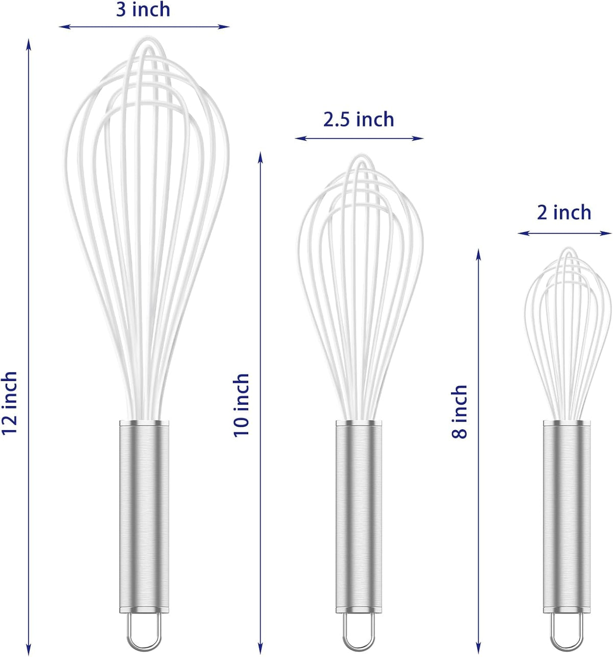 White Silicone Whisk, Professional Whisks For Cooking Non-Scratch, Stainless Steel & Silicone Wisk, Plastic Rubber Whisk Tool For Nonstick Cookware Pans, BPA free, Silicon Wisks Set of 3