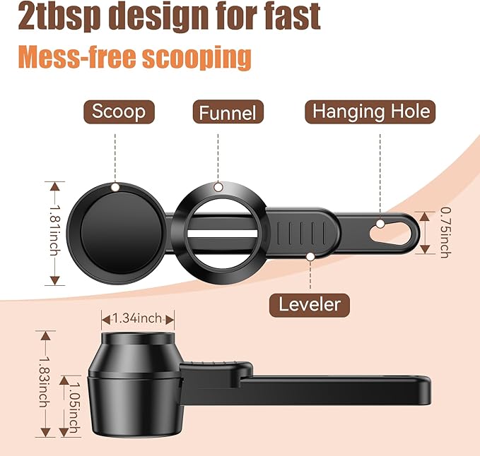 CAPMESSO Coffee Scoop & Funnel for Reusable K Cup Refillable Coffee Pods: 2 Tablespoon Coffee Measuring Scoop - Easy Slide Scoop for Ground Coffee, Protein Powder, Tea without Spilling (2 Pack)