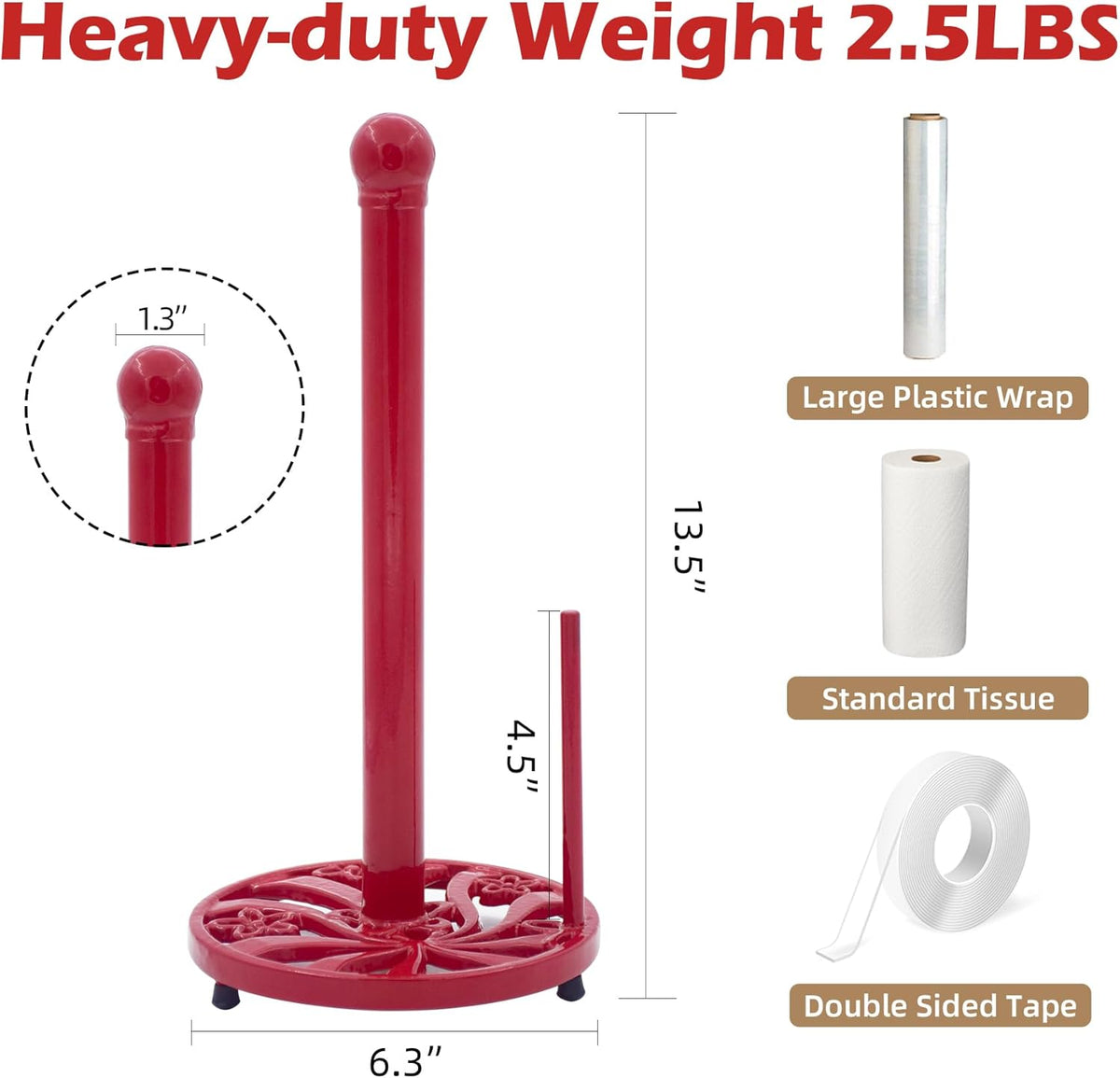 Vintage Paper Towel Holder Countertop - Cast Iron Standing Roll Paper Towel Dispenser with Elegant and Heavy Daffodil Pattern Base for Kitchen Décor, Red