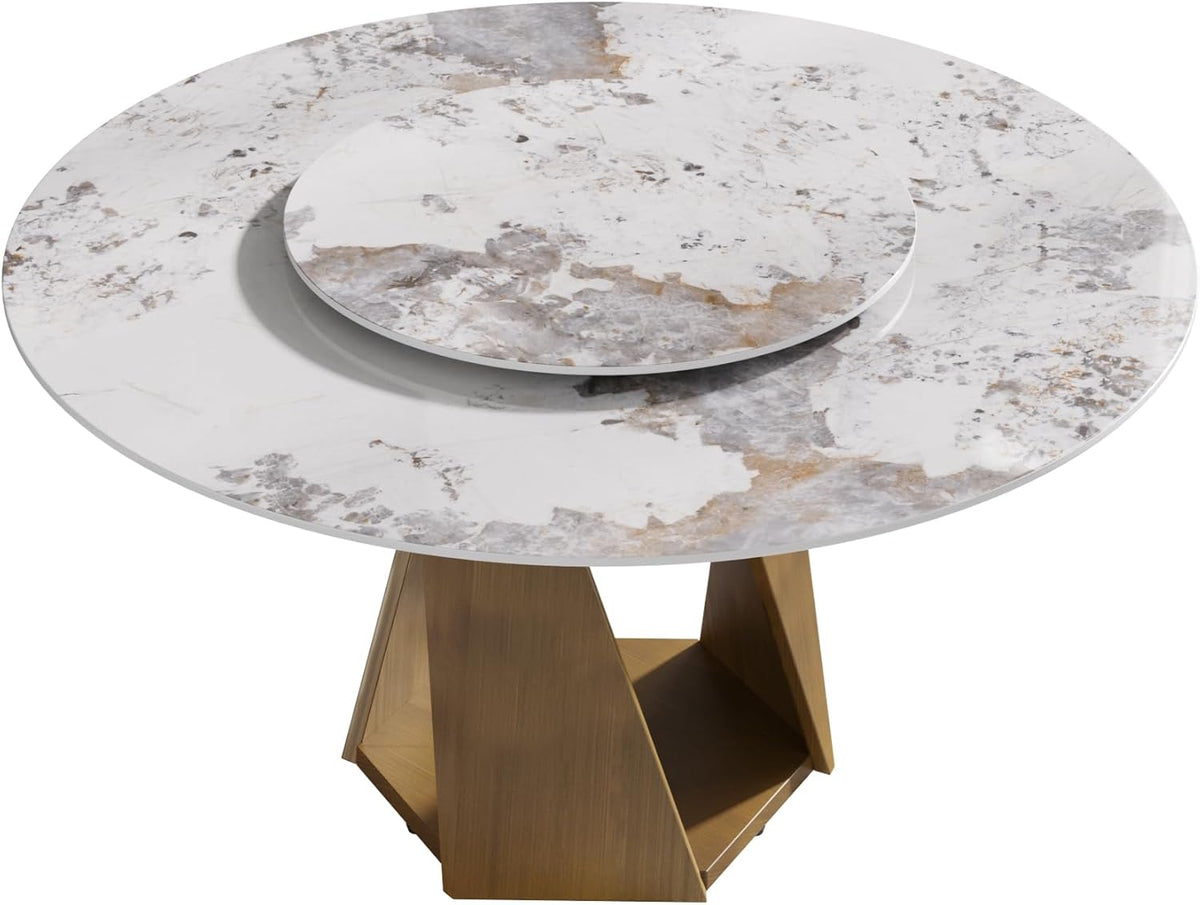 Montary 59" Modern Artificial Marble Round Dining Table with Bronze Iron Metal Base & 31.5" White Sintered Stone Turntable, Dining Room Table with Lazy Susan for 6-8 (Only Table)
