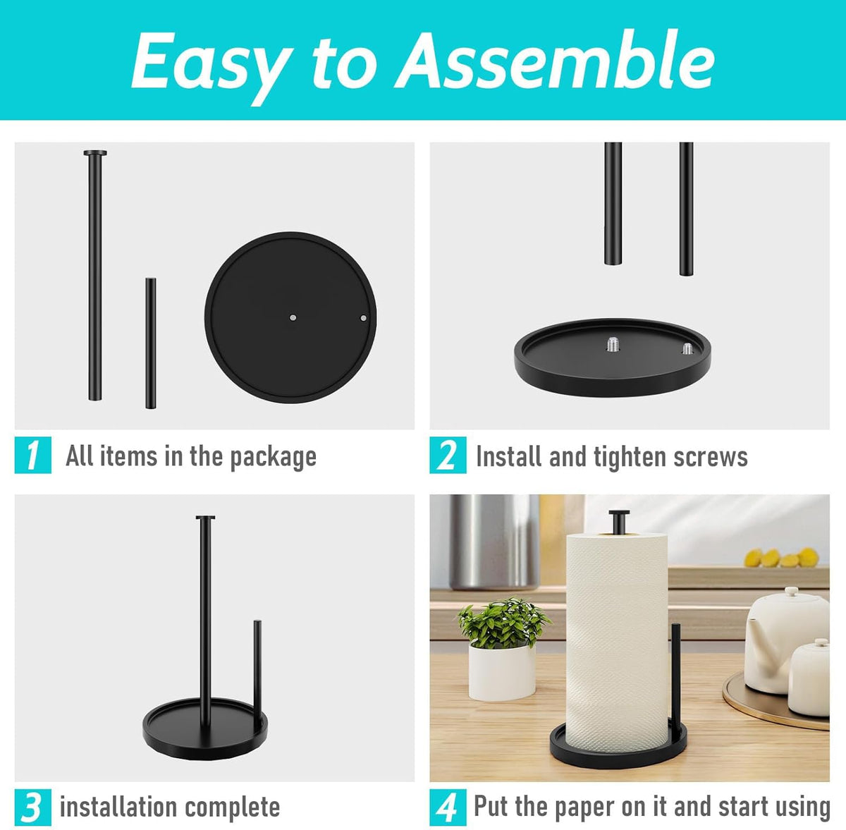 Paper Towel Holder Countertop, Standing Paper Roll Holder with Anti Slip Weighted Base, Stainless Steel Freestanding Paper Towel Holder for Kitchen, Black