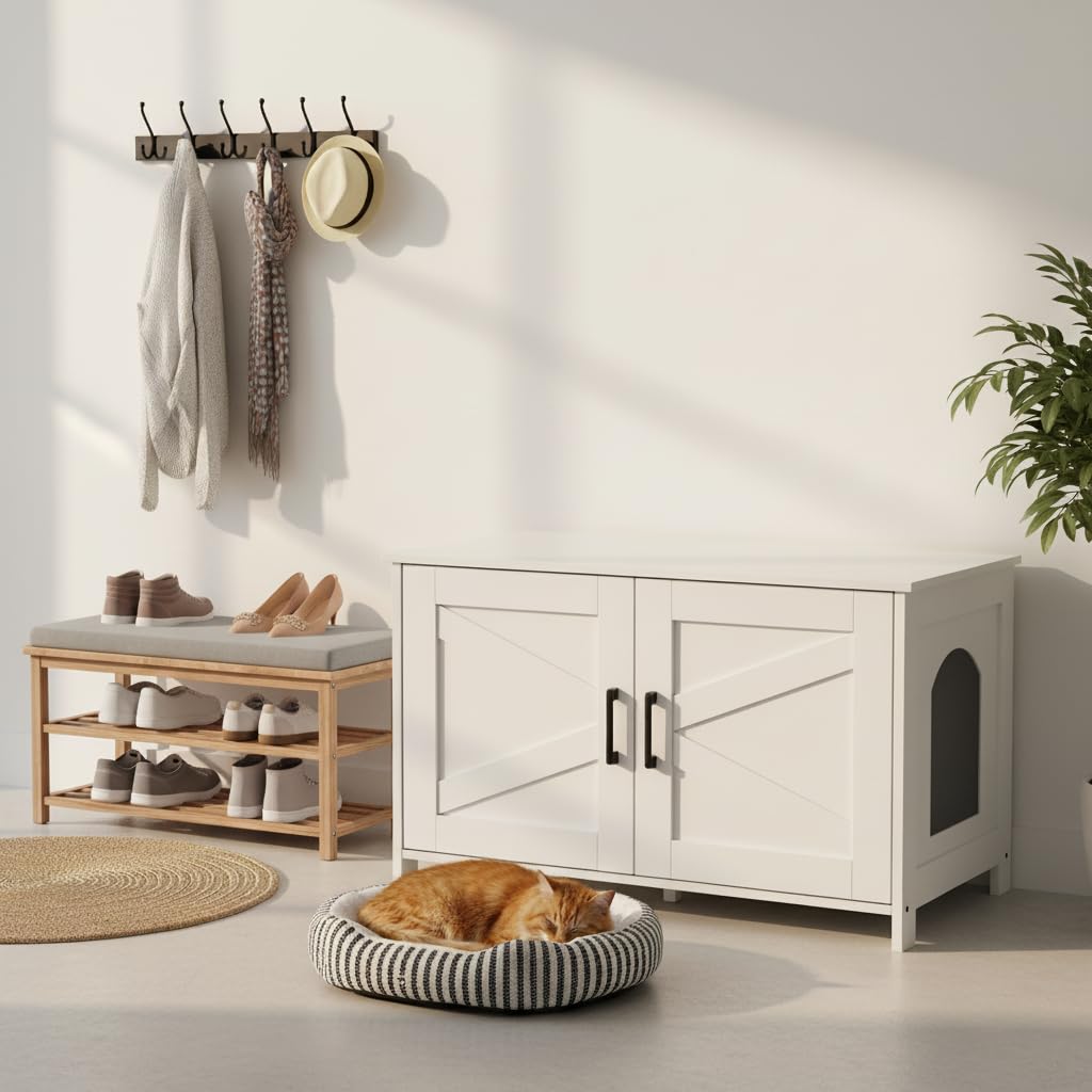 Homhedy 31.5" L Cat Litter Box Enclosure with Barn Door, White