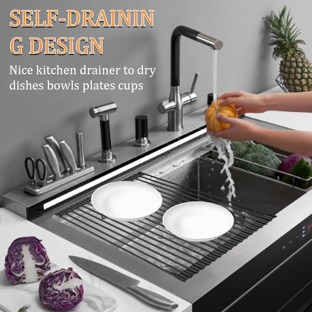 LEMIKKLE 20.5" x 13" Roll Up Dish Drying Rack Silicone Wrapped Over The Sink Dish Drying Rack Foldable Sink Drying Mat, Heat-Resistant & Anti-Rust Dish Rack for Kitchen Sink, Black