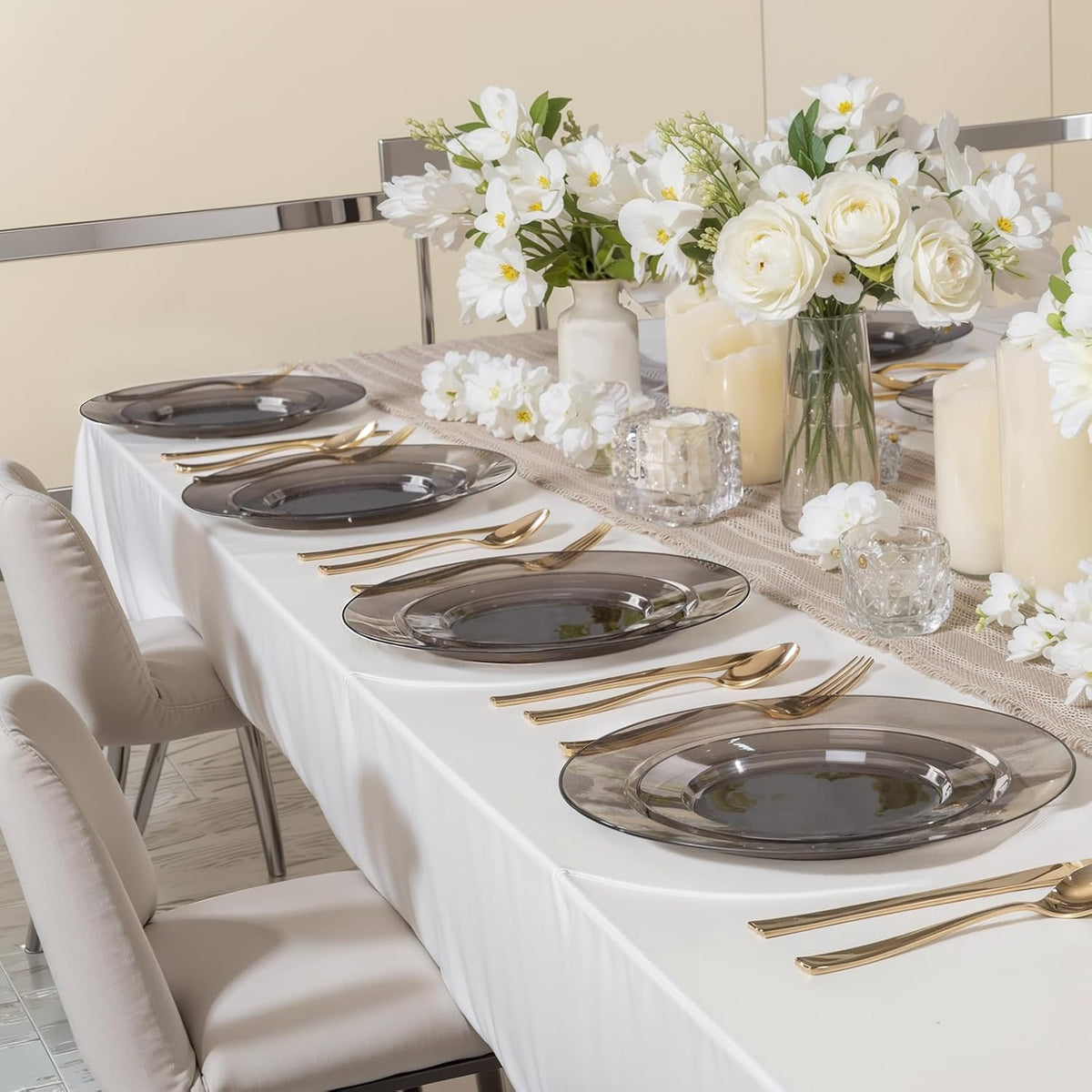 I00000 200 Pcs Clear Black Plastic Plates, Black Disposable Party Plates Include 100 Dinner Plate 10’’ and 100 Dessert Plate 7’’ Perfect for Birthday, Party & Wedding