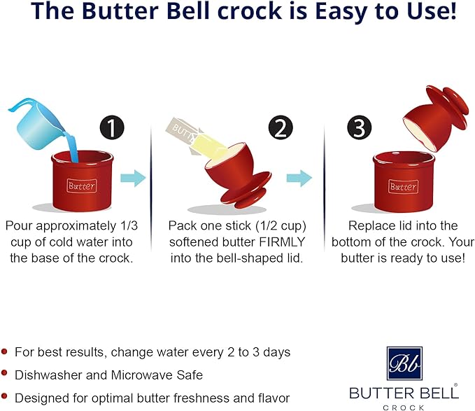 Butter Bell - The Original Butter Bell crock by L Tremain, a Countertop French Ceramic Butter Dish Keeper for Spreadable Butter, La Fleur Collection (White Raised Floral)