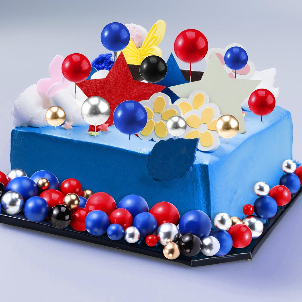 108 Pcs Balls Cake Topper DIY Cupcake Insert Foam Balloons for Cake Baking Wedding Anniversary Birthday Decoration(Blue, Red, Black,Multi Sizes)
