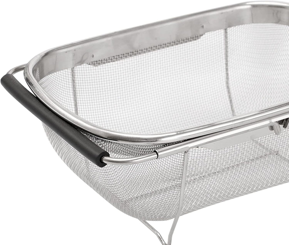 Over The Sink Colander, 4 Quarts Stainless Steel Oval Colander with Expandable Rubber Grip Handle, Fine Mesh Strainer Baskets Kitchen Colander for Strain, Drain, Rinse Vegetables, Fruits, Black