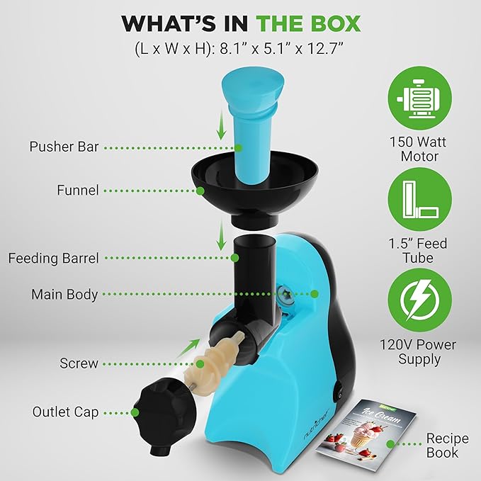 NutriChef Electric Frozen Fruit Dessert Maker - Fruit Sorbet Machine - Make Ice Cream, Dessert, Gelato, Smoothies, Slushies & Frozen Yogurt - Includes Food Plunger & Recipe Book - Blue