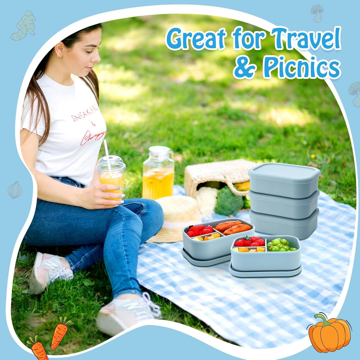 Honeydak 4 Pcs Silicone Bento Lunch Box 3 Compartment Reusable Leakproof Silicone Bento Lunch Container for Adults Microwave Dishwasher Freezer Safe(Blue)